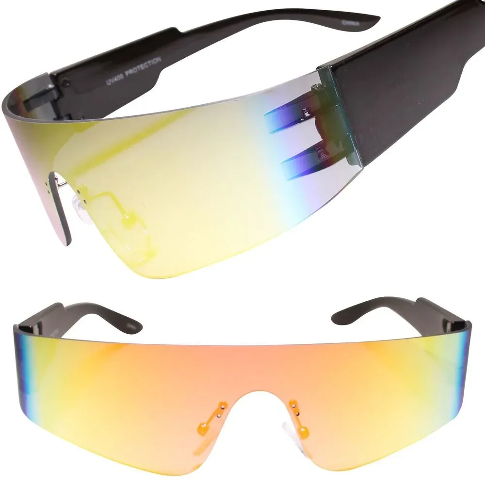 Rimless Futuristic Wrap Around Sunglasses Orange Mirrored Cyberpunk Visor